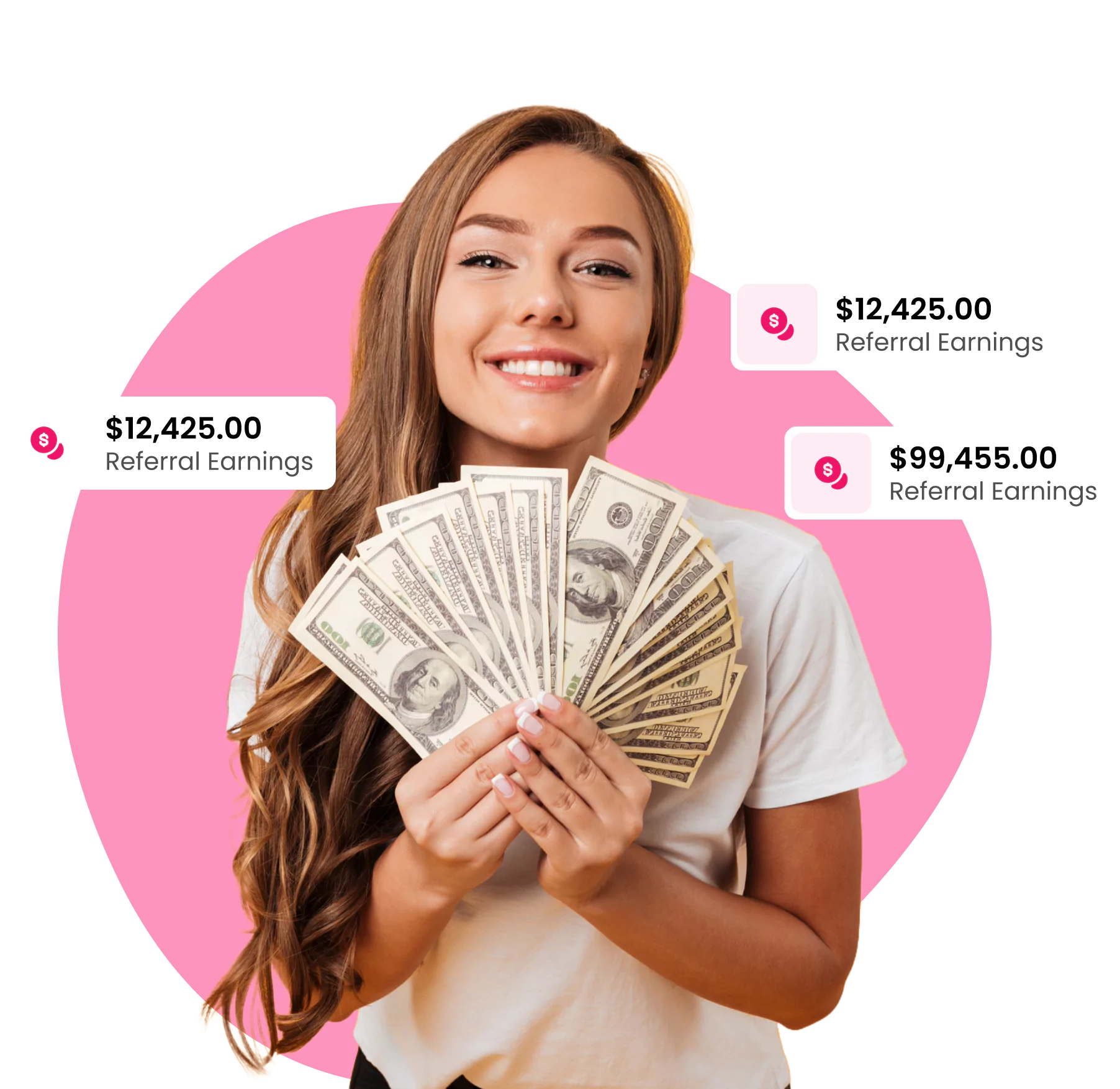 Woman celebrating FVA Chatting referral earnings success holding money