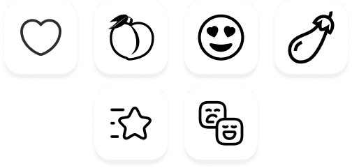 A collection of six black and white line art icons: a heart, a peach, a heart-eyes emoji, an eggplant, a star with motion lines, and two emoji faces (one sad, one happy), representing various reactions and symbols