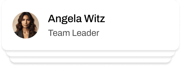 Profile card for Angela Witz, Team Leader, featuring a professional headshot of a woman with dark wavy hair wearing a dark blazer