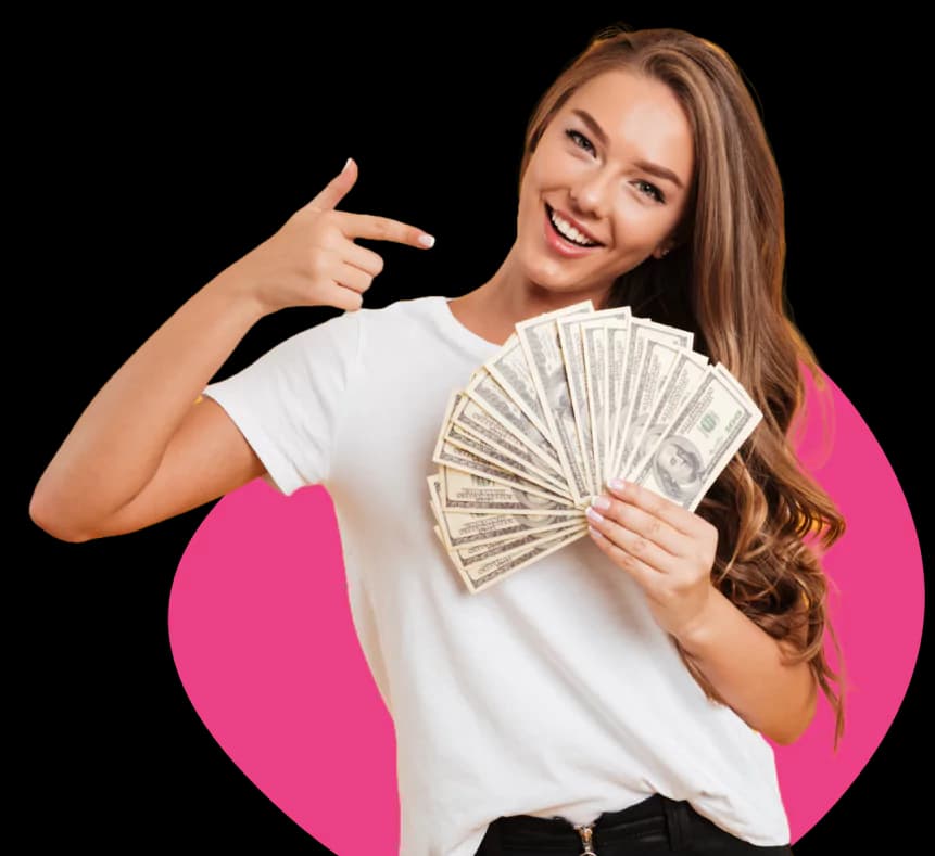 Woman excitedly pointing at money showing FVA Chatting earnings success