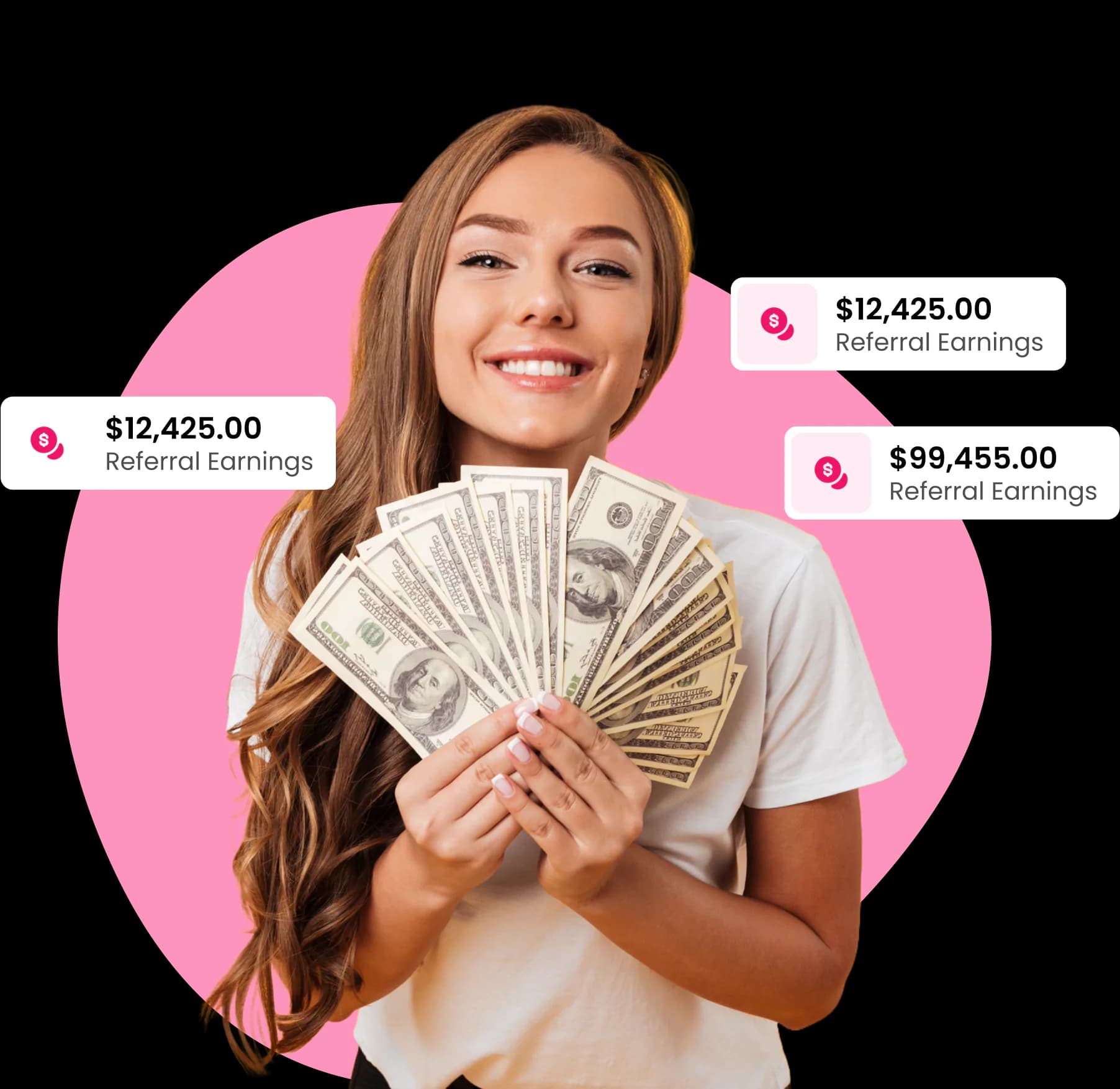 Woman celebrating FVA Chatting referral earnings success holding money