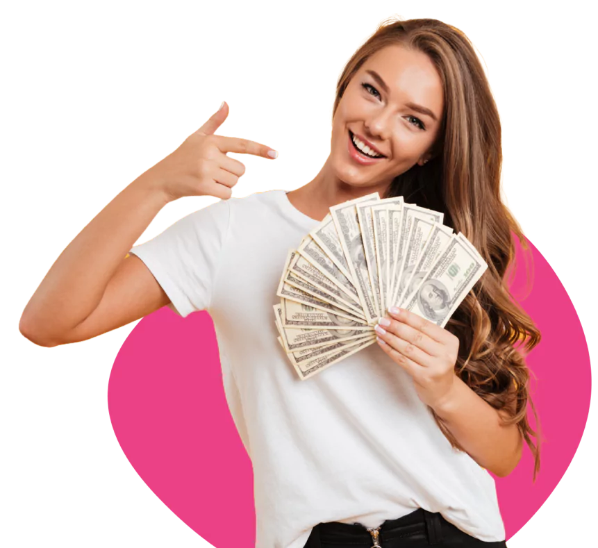 Woman excitedly pointing at money showing FVA Chatting earnings success