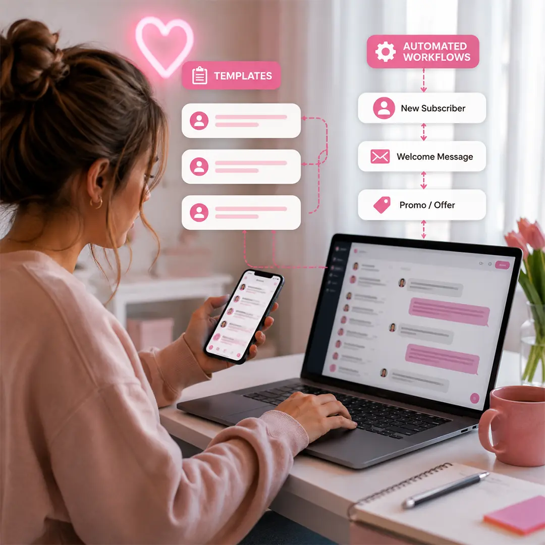 Creator at a laptop with saved message templates feeding an automated workflow of new subscriber, welcome message and promo offer