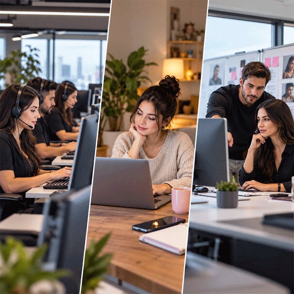 Three-panel image of the options: an agency chat team wearing headsets, a freelancer working alone at a laptop, and an in-house team at the office being coached by a manager