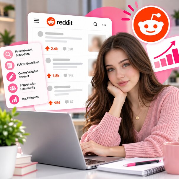Creator at her laptop with a Reddit feed and a checklist: find relevant subreddits, follow guidelines, create valuable content, engage with the community, track results