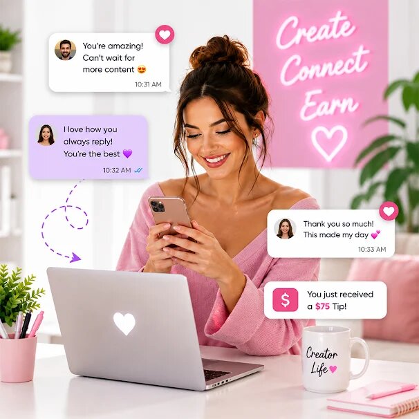 OnlyFans creator at her laptop surrounded by fan messages and a tip notification, with a Create Connect Earn sign behind her