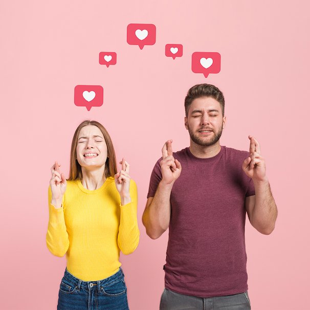 Two OnlyFans subscribers crossing their fingers as heart notifications float above them