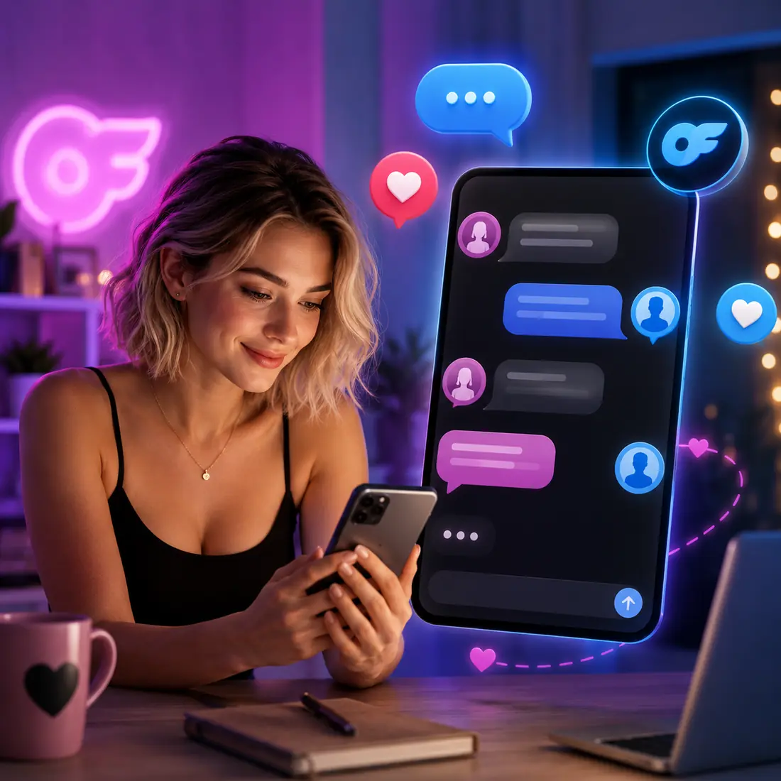 OnlyFans creator replying to subscriber messages on her phone next to a floating chat thread