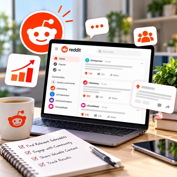 Laptop showing a Reddit feed with r/Marketing and r/Entrepreneur posts next to a notebook checklist: find relevant subreddits, engage with the community, share valuable content, track results