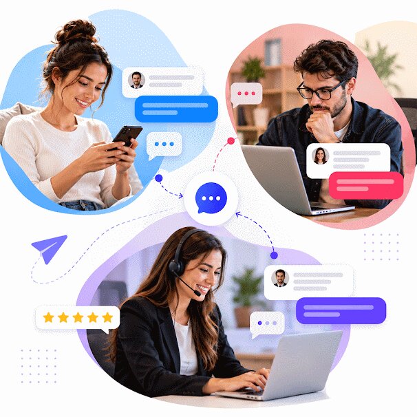 Chat quality illustration: a creator on her phone, a man at a laptop and a headset agent exchanging fan messages, connected through a central chat bubble with a five-star rating