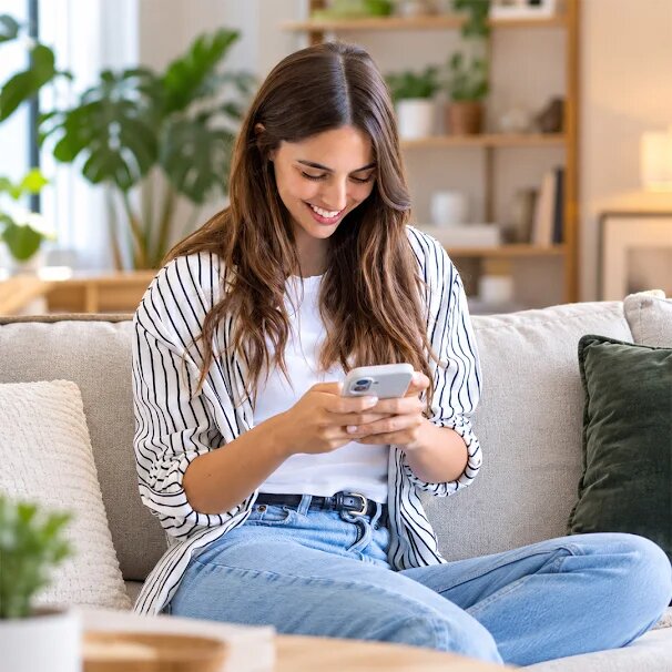 OnlyFans creator sitting on a sofa and replying to subscriber messages on her phone