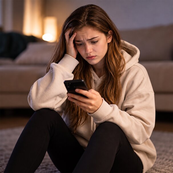 New OnlyFans creator sitting on the floor at night, frowning at a subscriber chat on her phone