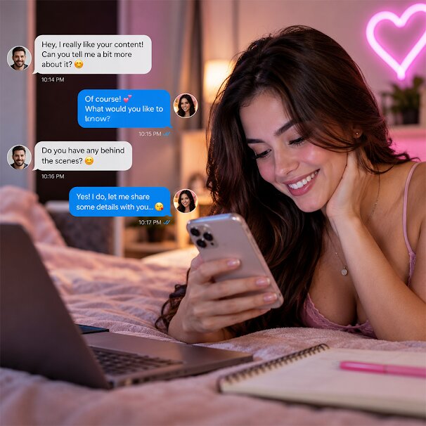 Creator on her bed replying to a fan who asks about her content, with the friendly chat exchange shown next to her phone