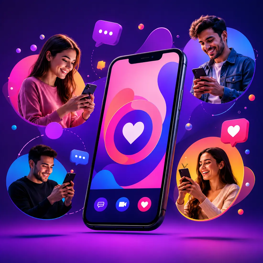 OnlyFans creators and fans messaging on their phones around a large smartphone showing chat, video and like icons