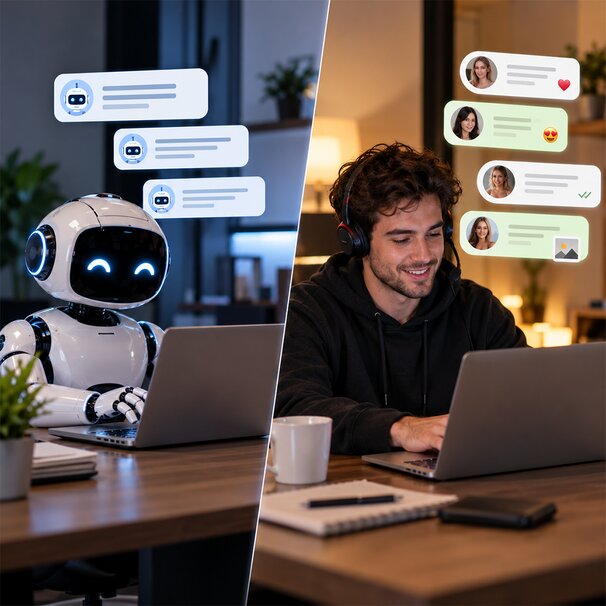 Split image of a robot at a laptop sending generic chat bubbles on one side and a smiling human chatter with a headset answering fan messages on the other