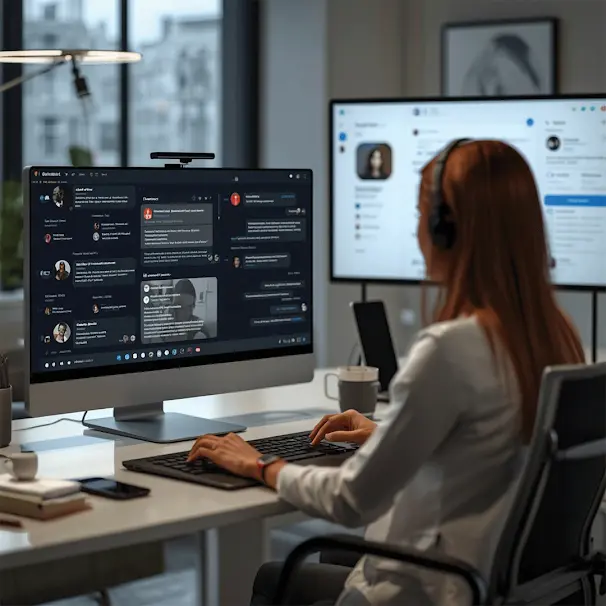 OnlyFans chatting agency chatter working at a dual-monitor desk with a headset, managing subscriber conversations
